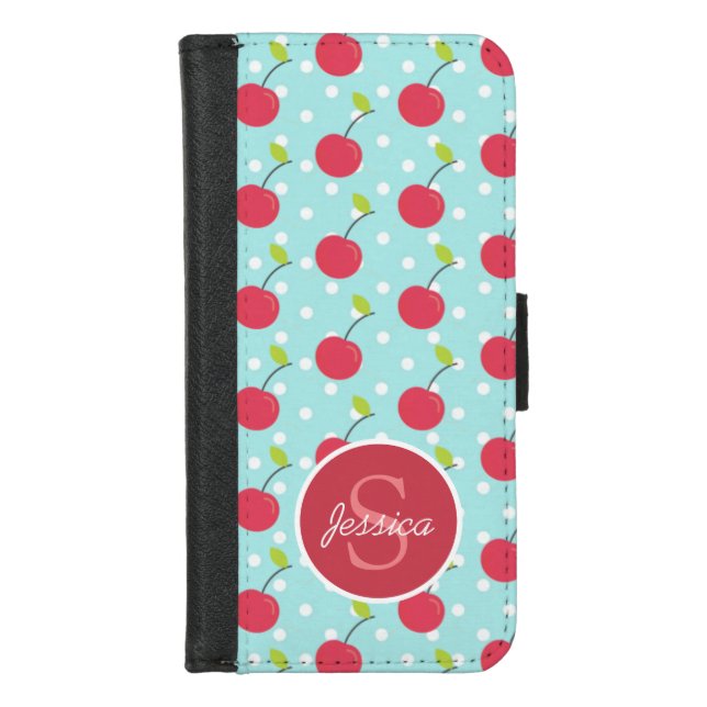 Cherry and Blue Polka Dot Pattern Personalised iPhone Wallet Case (Front)