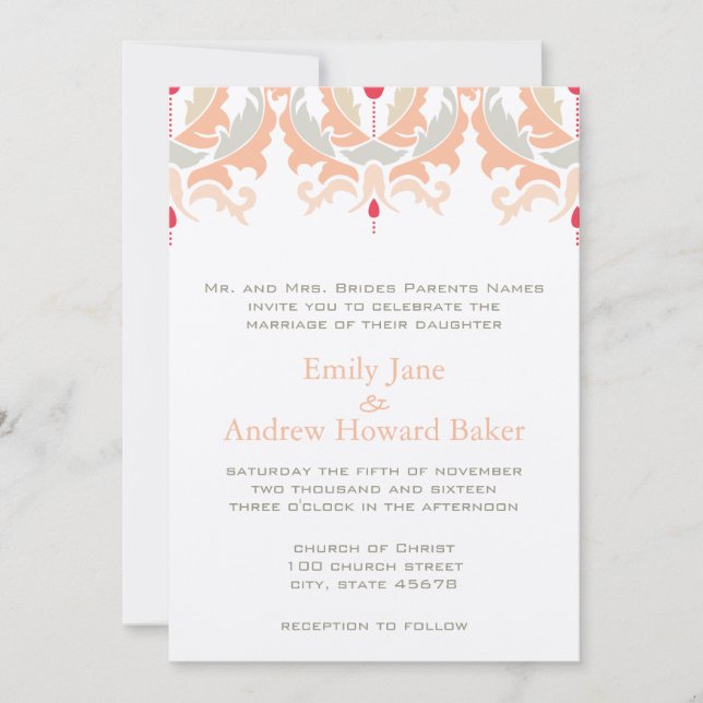 Cherry and Peach Damask Wedding Invitation (Front)