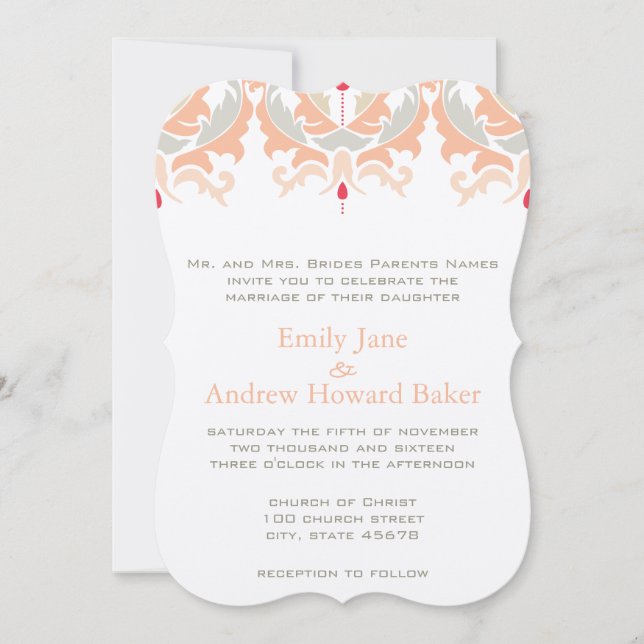 Cherry and Peach Damask Wedding Invitation (Front)