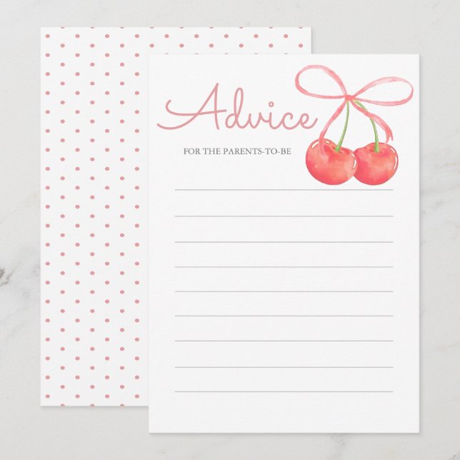 Cherry and Pink Ribbon Baby Shower Advice Card (Front/Back)