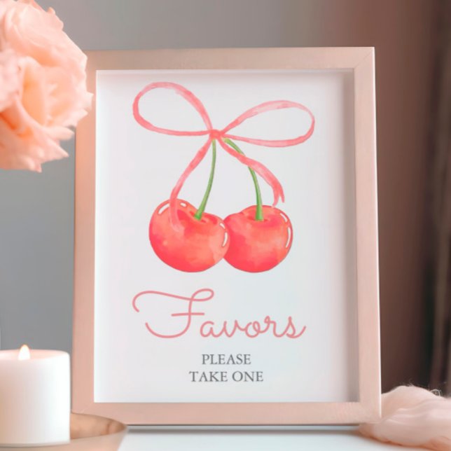 Cherry and Pink Ribbon Baby Shower Favors Sign (Creator Uploaded)