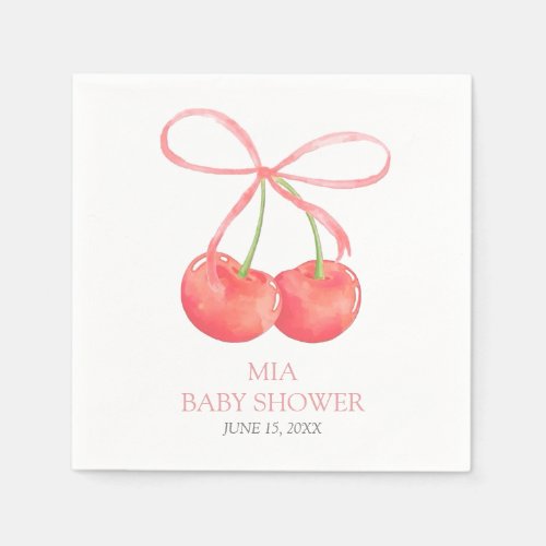Cherry and Pink Ribbon Watercolor Girl Baby Shower Napkins