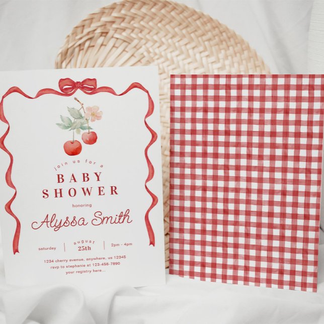 Cherry and Red Ribbon Frame Baby Shower Invitation (Creator Uploaded)