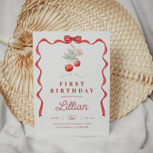 Cherry and Red Ribbon Frame Birthday Invitation