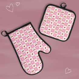 Cherry and Tiny Blossom Pink Gingham Pattern Oven Mitt & Pot Holder Set