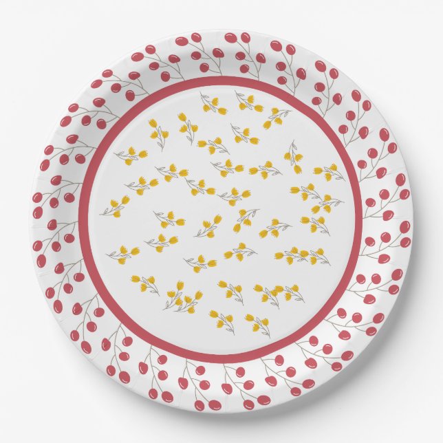 Cherry and Yellow Flower Floral Design Paper Plates (Front)