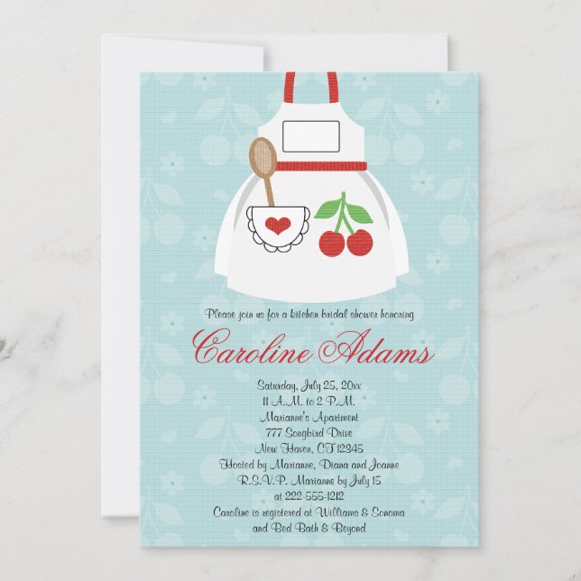 Cherry Apron Bridal Shower Invitation Red and Blue (Front)