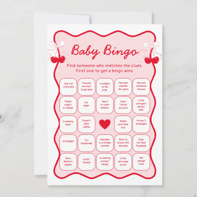 Cherry Baby Shower Find the Guest Bingo Game Card | Zazzle