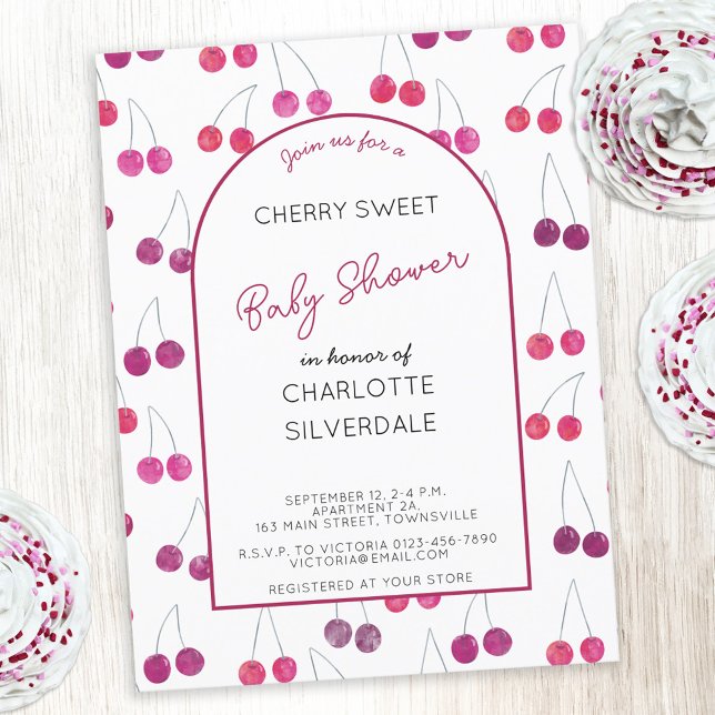 Cherry Baby Shower Invitation Postcard (Watercolor cherry sweet personalized custom text baby shower invitation)