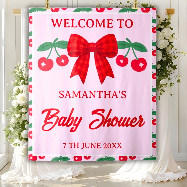 Cherry Baby Shower Red Gingham Bow Backdrop (Creator Uploaded)