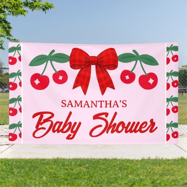 Cherry Baby Shower Red Gingham Bow  Banner (Outside)