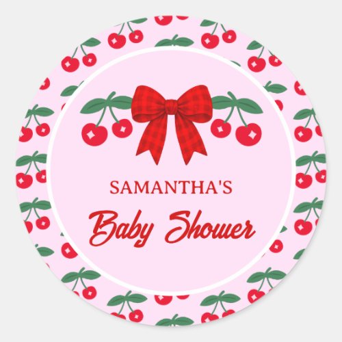 Cherry Baby Shower Red Gingham Bow Classic Round Sticker