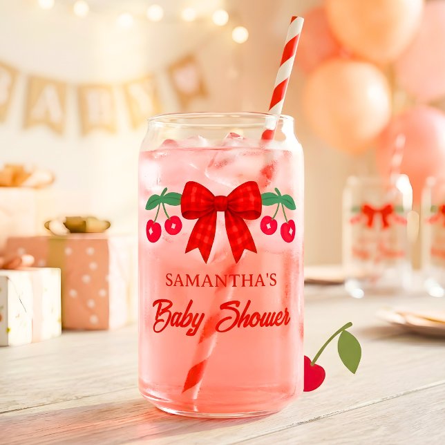 Cherry Baby Shower Red Gingham Bow Favor Can Glass (Creator Uploaded)