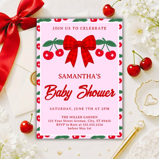 Cherry Baby Shower Red Gingham Bow Invitation (Creator Uploaded)