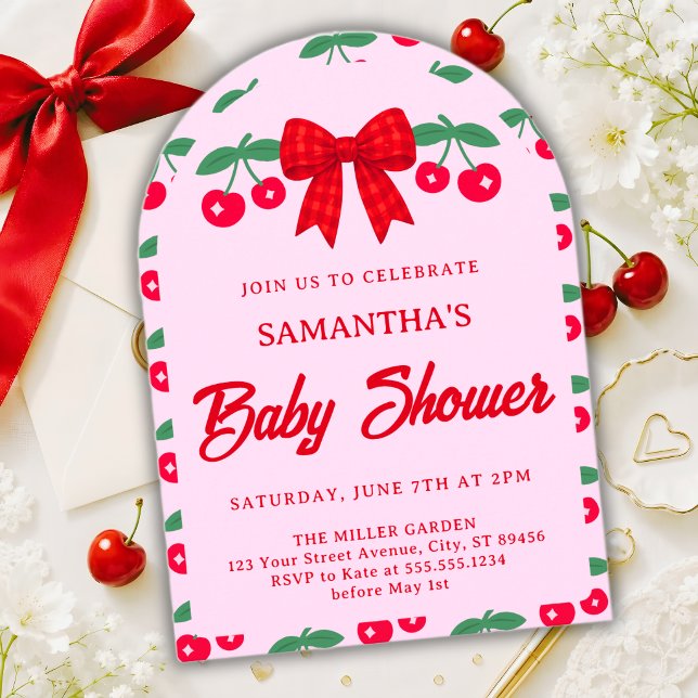 Cherry Baby Shower Red Gingham Bow Invitation (Creator Uploaded)