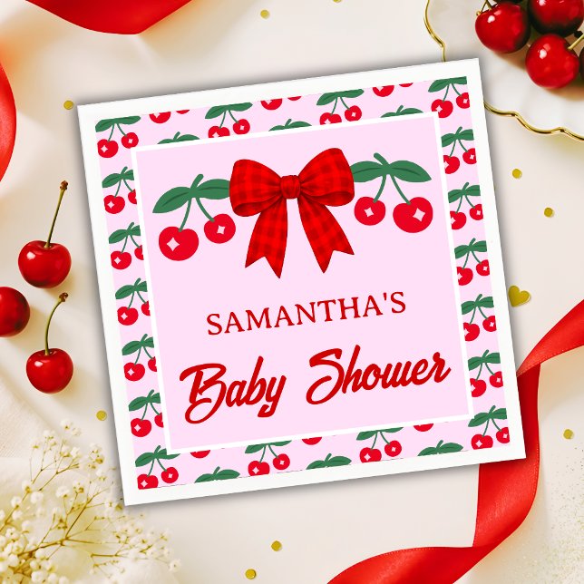 Cherry Baby Shower Red Gingham Bow Napkins (Creator Uploaded)
