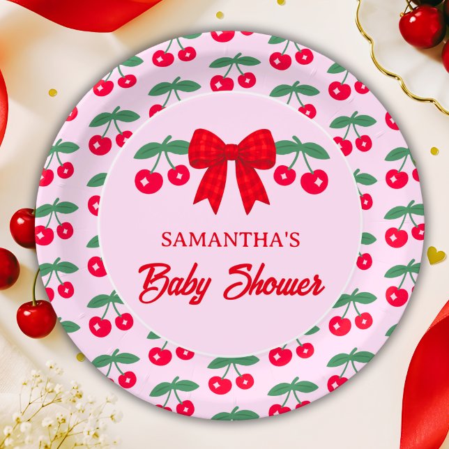 Cherry Baby Shower Red Gingham Bow Paper Plates (Creator Uploaded)