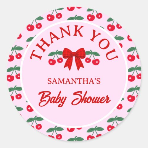 Cherry Baby Shower Red Gingham Bow Thank You Classic Round Sticker