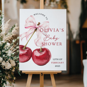 Cherry Baby Shower Welcome Sign Template Pink Bow 