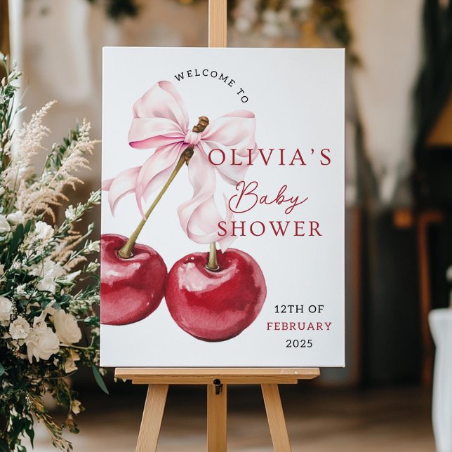 Cherry Baby Shower Welcome Sign Template Pink Bow  (Creator Uploaded)