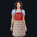 Cherry Berries Pattern Pretty Modern Red Name Apron<br><div class="desc">One of my daughters is currently obsessed with everything cherry, so of course I had to design an apron that was cherry themed! :) This beautiful apron features a pattern of cherries and leaves in bold red and green. Three text templates are included for personalization, making this apron a truly...</div>