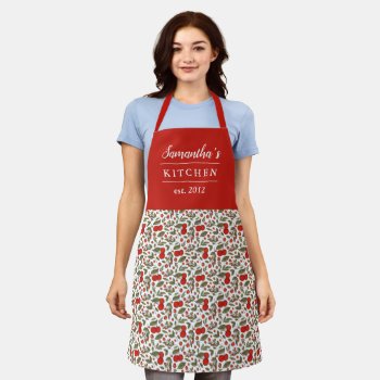 Cherry Berries Pattern Pretty Modern Red Name Apron by Orabella at Zazzle