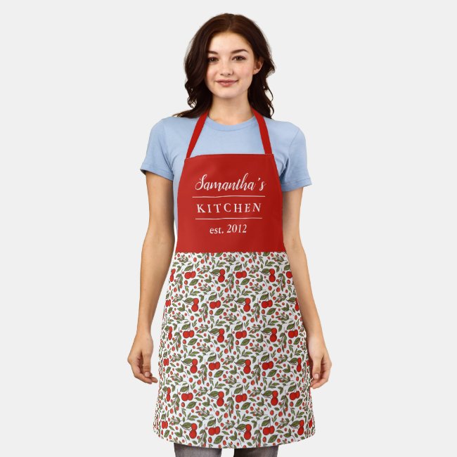 Cherry Berries Pattern Pretty Modern Red Name Apron