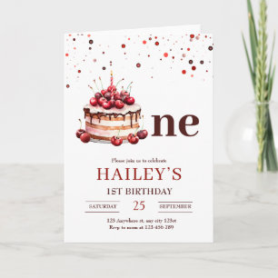 Cherry Birthday Cake Kids Minimalist 1st Birthday Invitation