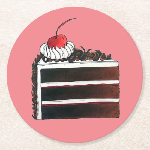 Cherry Black Forest Cake Shop Slice Bakery Baker Round Paper Coaster