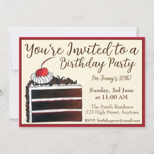 Cherry Black Forest Cake Slice Birthday Party Food Invitation