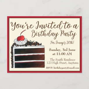 Cherry Black Forest Cake Slice Birthday Party Food Invitation Postcard