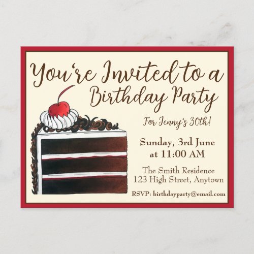 Cherry Black Forest Cake Slice Birthday Party Food Invitation Postcard