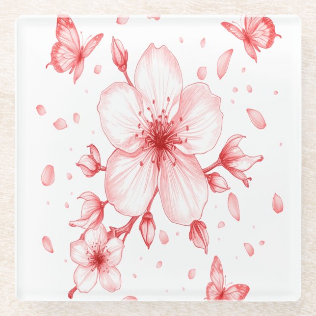 Cherry Bloom Elegance Glass Coaster (Front)