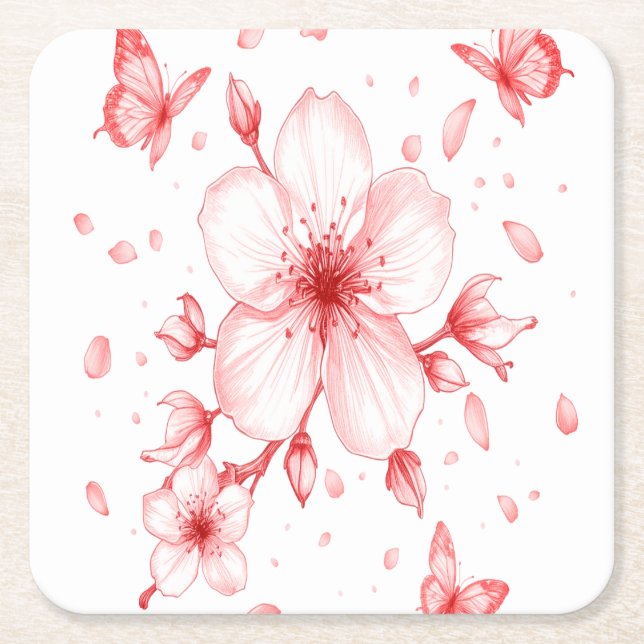 Cherry Bloom Elegance Square Paper Coaster (Front)