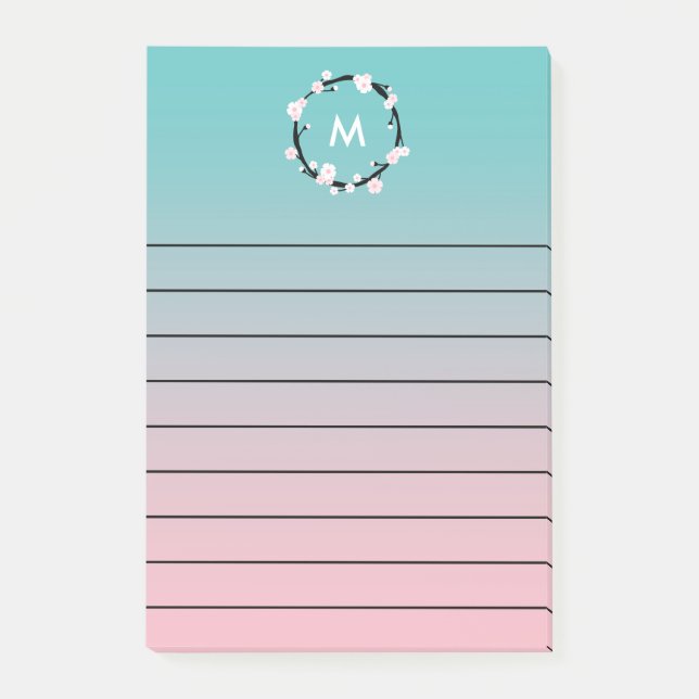 Cherry Bloom Wreath Ombre Monogram Lined Post-it Notes (Front)