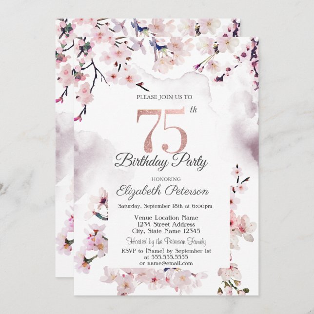 Cherry Blossom 75th Birthday  Invitation (Front/Back)