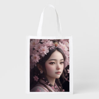 Cherry Blossom Adorned Girl Grocery Bag