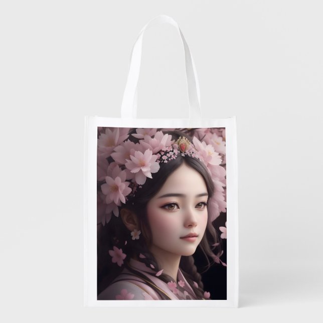 Cherry Blossom Adorned Girl Grocery Bag (Front)