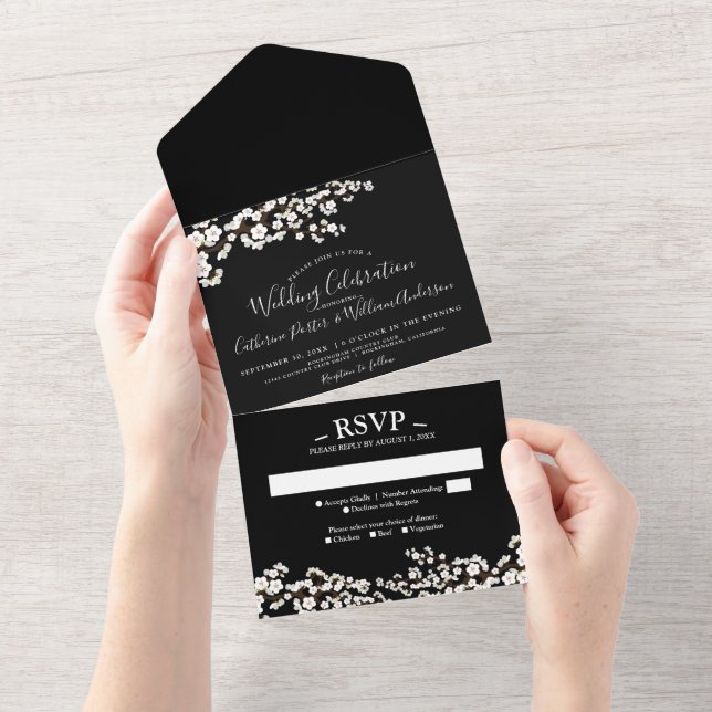 Cherry Blossom All-in-One Black Event Invitation (Tearaway)