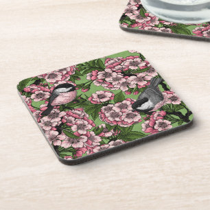 Cherry blossom and chickadees on green beverage coaster