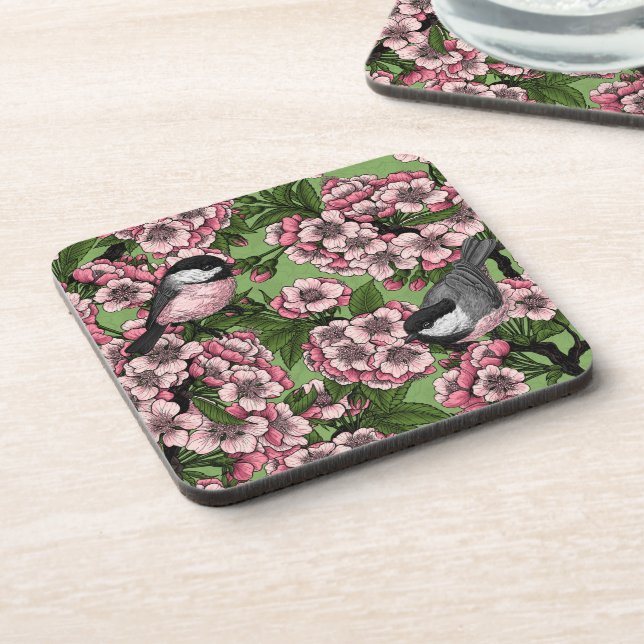 Cherry blossom and chickadees on green beverage coaster (Left Side)