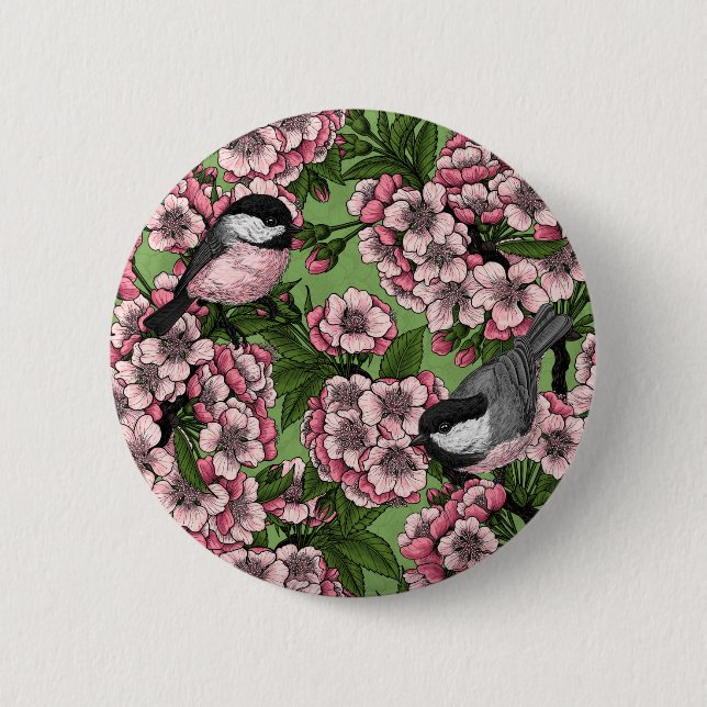 Cherry blossom and chickadees on green button (Front)
