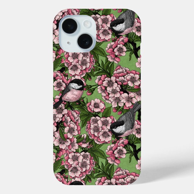 Cherry blossom and chickadees on green Case-Mate iPhone case (Back)