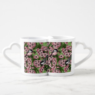 Cherry blossom and chickadees on green coffee mug set
