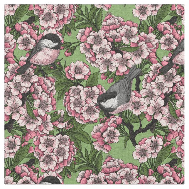Cherry blossom and chickadees on green fabric (Close Up)