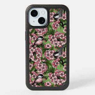 Cherry blossom and chickadees on green iPhone 15 case