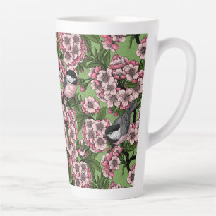 Cherry blossom and chickadees on green latte mug