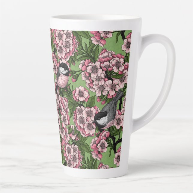 Cherry blossom and chickadees on green latte mug (Right)