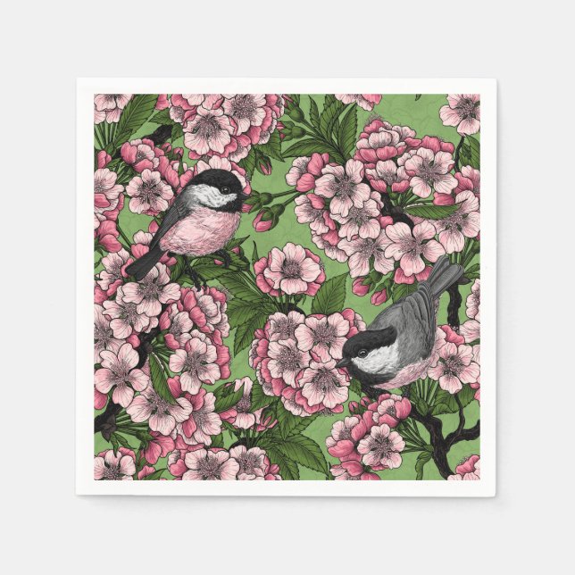 Cherry blossom and chickadees on green napkins (Front)