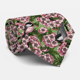 Cherry blossom and chickadees on green neck tie